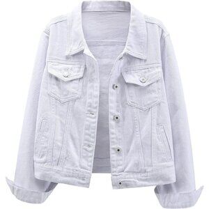 Women's Jean Jacket Distressed Ripped Denim Jacket Coat with Pockets White